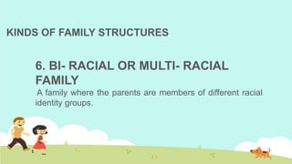 KINDS OF FAMILY STRUCTURES
6. BI- RACIAL OR MULTI- RACIAL
FAMILY
A family where the parents are members of different racial
identity groups.
 
