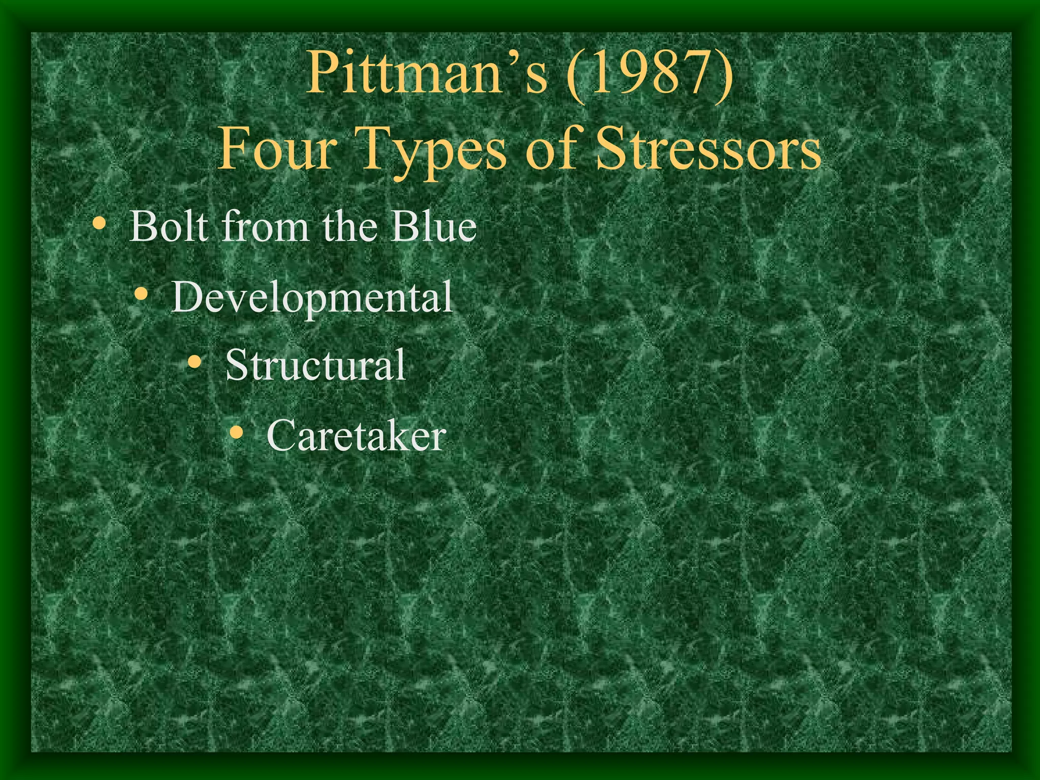 Pittman’s (1987) Four Types of Stressors Bolt from the Blue Developmental Structural Caretaker 