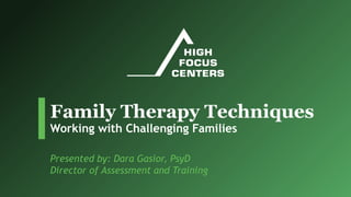 Working with Challenging Families
Family Therapy Techniques
Presented by: Dara Gasior, PsyD
Director of Assessment and Training
 