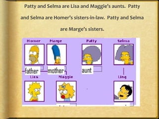 Patty and Selma are Lisa and Maggie’s aunts. Patty
and Selma are Homer’s sisters-in-law. Patty and Selma
are Marge’s sisters.
 