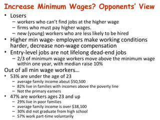 Losers  workers who can’t find jobs at the higher wage firms who must pay higher wages. new (young) workers who are less likely to be hired  Higher min wage- employers make working conditions harder, decrease non-wage compensation Entry-level jobs are not lifelong dead-end jobs  2/3 of minimum wage workers move above the minimum wage within one year, with median raise 10%  Out of all min wage workers… 53% are under the age of 23  average family income about $50,500  82% live in families with incomes above the poverty line  Not the primary earners  47% are workers ages 23 and up 29% live in poor families  average family income is over $38,100  30% did not graduate from high school 57% work part-time voluntarily  Increase Minimum Wages? Opponents’ View 