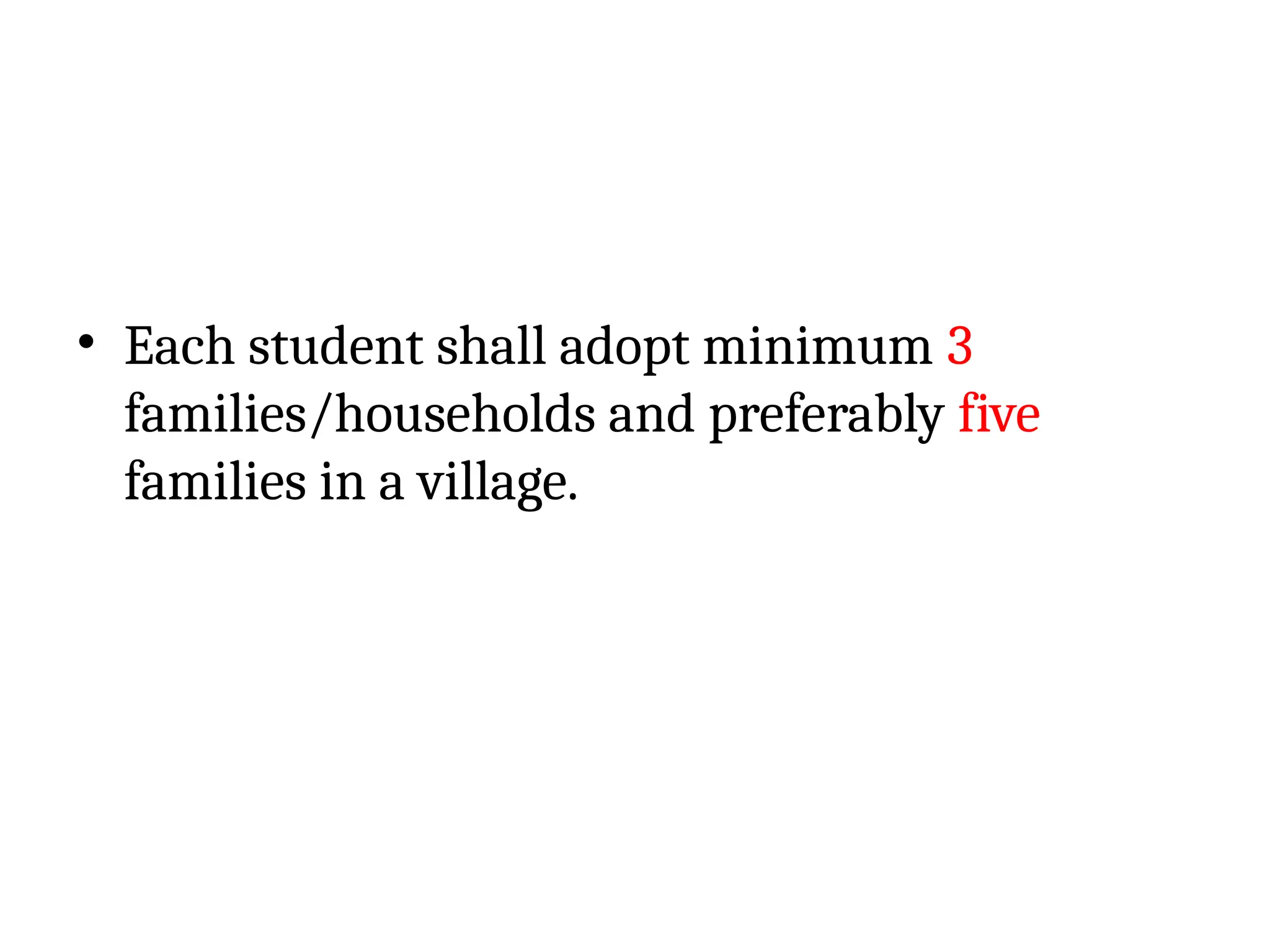 • Each student shall adopt minimum 3
families/households and preferably five
families in a village.
 