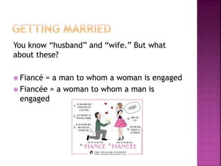 You know “husband” and “wife.” But what
about these?
 Fiancé = a man to whom a woman is engaged
 Fiancée = a woman to whom a man is
engaged
 