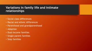 Variations in family life and intimate
relationships
• Social class differences
• Racial and ethnic differences
• Parenthood and grandparenthood
• Adoption
• Dual-income families
• Single-parent families
• Step families
 