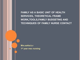 FAMILY AS A BASIC UNIT OF HEALTH
SERVICES, THEORETICAL FRAME
WORK,TOOLS,FAMILY BUDGETING AND
TECHNIQUES OF FAMILY NURSE CONTACT
Mrs.sahla.k,v
1st year msc nursing
 