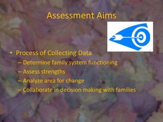 Assessment Aims Process of Collecting Data Determine family system functioning Assess strengths Analyze area for change Collaborate in decision making with families 