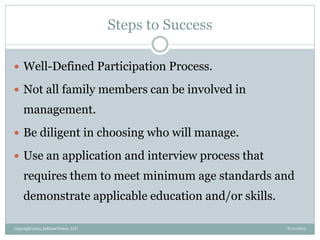 Steps to Success
8/21/2013Copyright 2013, InKnowVision, LLC
 Well-Defined Participation Process.
 Not all family members can be involved in
management.
 Be diligent in choosing who will manage.
 Use an application and interview process that
requires them to meet minimum age standards and
demonstrate applicable education and/or skills.
 