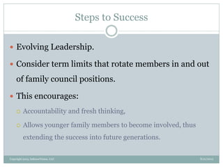 Steps to Success
8/21/2013Copyright 2013, InKnowVision, LLC
 Evolving Leadership.
 Consider term limits that rotate members in and out
of family council positions.
 This encourages:
 Accountability and fresh thinking,
 Allows younger family members to become involved, thus
extending the success into future generations.
 