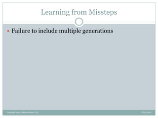 Learning from Missteps
8/21/2013Copyright 2013, InKnowVision, LLC
 Failure to include multiple generations
 