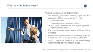 3
Indicators
What is a family business?
A firm of any size is a family business if:
• The majority of decision making rights are the
possession of the natural person(s) who:
• Establish the firm
• Acquired the share capital of the firm
• Are family members of the above (spouses,
parents or direct heirs)
• The majority of decision-making rights are direct
or indirect
• At least one representative of the family or kin is
formally involved in the governance of the firm
• Listed companies meet the decision-making
rights mandated by their share capital
Source: Expert report on Family Businesses, European Commission, Nov 2009
 