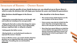 Structureof Rooms – Owner Room
Putting your home in order - Helping family businesses reach new heights:
No matter what the specifics of your family business are, you should set up an Owner Room in
which to make the decisions that will shape your business for years (and indeed for generations).
What decisions should happen in the Owner
Room?
•Defining how ownership interests can be bought, sold,
and transferred, including to the next generation
•Making the final call on actions that change the nature
of what it means to be an owner, such as going public,
taking on significant debt, or selling the company
•Setting goals that define success
•Electing family or non-family board members to
represent the owners’ interests
To be an effective owner, you need to decide which few
decisions are so important that only owners should
make them. Everything else can and should be
delegated.
Who should be in the Owner Room?
• The current owners of the business are the
core members of the Owner Room.
• Future owners may also be invited into the
room when the current generation sees
them as fit to be part of owner discussions.
• Since they have great influence on both the
current and the next generation of owners,
spouses of present and future owners can
sometimes be invited to participate in the
Owner Room.
 