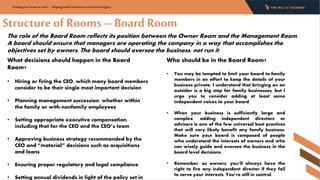 Structureof Rooms – Board Room
Putting your home in order - Helping family businesses reach new heights:
The role of the Board Room reflects its position between the Owner Room and the Management Room.
A board should ensure that managers are operating the company in a way that accomplishes the
objectives set by owners. The board should oversee the business, not run it.
What decisions should happen in the Board
Room?
• Hiring or firing the CEO, which many board members
consider to be their single most important decision
• Planning management succession, whether within
the family or with-nonfamily employees
• Setting appropriate executive compensation,
including that for the CEO and the CEO’s team
• Approving business strategy recommended by the
CEO and “material” decisions such as acquisitions
and loans
• Ensuring proper regulatory and legal compliance
• Setting annual dividends in light of the policy set in
Who should be in the Board Room?
• You may be tempted to limit your board to family
members in an effort to keep the details of your
business private. I understand that bringing on an
outsider is a big step for family businesses, but I
urge you to consider adding at least some
independent voices to your board.
• When your business is sufficiently large and
complex, adding independent directors or
advisers is one of the few universal best practices
that will very likely benefit any family business.
Make sure your board is composed of people
who understand the interests of owners and who
can wisely guide and oversee the business in the
board level decisions.
• Remember, as owners, you’ll always have the
right to fire any independent director if they fail
to serve your interests. You’re still in control.
 