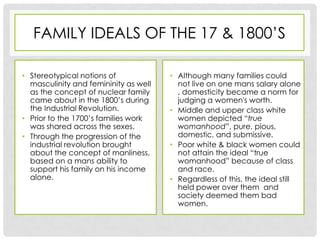 FAMILY IDEALS OF THE 17 & 1800’S

• Stereotypical notions of             • Although many families could
  masculinity and femininity as well     not live on one mans salary alone
  as the concept of nuclear family       , domesticity became a norm for
  came about in the 1800’s during        judging a women's worth.
  the Industrial Revolution.           • Middle and upper class white
• Prior to the 1700’s families work      women depicted “true
  was shared across the sexes.           womanhood”, pure, pious,
• Through the progression of the         domestic, and submissive.
  industrial revolution brought        • Poor white & black women could
  about the concept of manliness,        not attain the ideal “true
  based on a mans ability to             womanhood” because of class
  support his family on his income       and race.
  alone.                               • Regardless of this, the ideal still
                                         held power over them and
                                         society deemed them bad
                                         women.
 