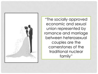 “The socially approved
                  economic and sexual
ADULT FRIENDS
AND LOVERS        union represented by
                romance and marriage
                 between heterosexual
                     couples are the
                   cornerstones of the
                   traditional nuclear
                          family”
 