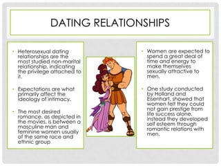 DATING RELATIONSHIPS

• Heterosexual dating         • Women are expected to
  relationships are the         spend a great deal of
  most studied non-marital      time and energy to
  relationship, indicating      make themselves
  the privilege attached to     sexually attractive to
  it.                           men.

• Expectations are what       • One study conducted
  primarily affect the          by Holland and
  ideology of intimacy.         Eisenhart, showed that
                                women felt they could
                                not gain prestige from
• The most desired              life success alone,
  romance, as depicted in       instead they developed
  the movies, is between a      self esteem through
  masculine man and             romantic relations with
  feminine women usually        men.
  of the same race and
  ethnic group
 