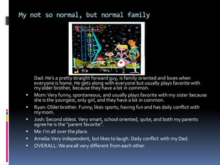 My not so normal, but normal family




     Dad: He’s a pretty straight forward guy, is family oriented and loves when
     everyone is home. He gets along with everyone but usually plays favorite with
     my older brother, because they have a lot in common.
    Mom: Very funny, spontaneous, and usually plays favorite with my sister because
     she is the youngest, only girl, and they have a lot in common.
    Ryan: Older brother. Funny, likes sports, having fun and has daily conflict with
     my mom.
    Josh: Second oldest. Very smart, school oriented, quite, and both my parents
     agree he is the “parent favorite”.
    Me: I’m all over the place.
    Amelia: Very independent, but likes to laugh. Daily conflict with my Dad.
    OVERALL: We are all very different from each other.
 