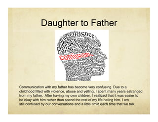 Daughter to Father




Communication with my father has become very confusing. Due to a
childhood filled with violence, abuse and yelling, I spent many years estranged
from my father. After having my own children, I realized that it was easier to
be okay with him rather than spend the rest of my life hating him. I am
still confused by our conversations and a little timid each time that we talk.
 