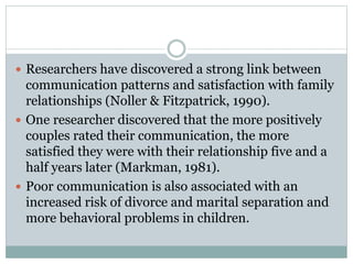  Researchers have discovered a strong link between
communication patterns and satisfaction with family
relationships (Noller & Fitzpatrick, 1990).
 One researcher discovered that the more positively
couples rated their communication, the more
satisfied they were with their relationship five and a
half years later (Markman, 1981).
 Poor communication is also associated with an
increased risk of divorce and marital separation and
more behavioral problems in children.
 