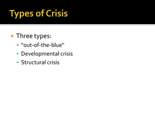    Three types:
     “out-of-the-blue”
     Developmental crisis
     Structural crisis
 