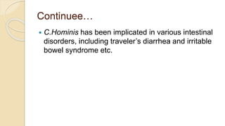 Continuee…
 C.Hominis has been implicated in various intestinal
disorders, including traveler’s diarrhea and irritable
bowel syndrome etc.
 