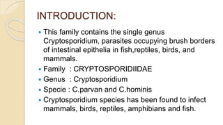 INTRODUCTION:
 This family contains the single genus
Cryptosporidium, parasites occupying brush borders
of intestinal epithelia in fish,reptiles, birds, and
mammals.
 Family : CRYPTOSPORIDIIDAE
 Genus : Cryptosporidium
 Specie : C.parvan and C.hominis
 Cryptosporidium species has been found to infect
mammals, birds, reptiles, amphibians and fish.
 