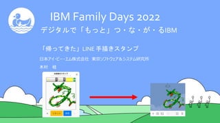 「帰ってきた」LINE 手描きスタンプ
日本アイ・ビー・エム株式会社 東京ソフトウェア＆システム研究所
木村 桂
2021
2021
IBM Family Days 2022
デジタルで「もっと」つ・な・が・るIBM
 