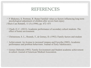 REFERENCES
 P. Blakeney, S. Portman, R. Rutan Familial values as factors influencing long-term
psychological adjustment of children after severe burn injury
J Burn Care Rehabil, 11 (5) (1990), pp. 472–475
 Chudi, O. C. (2012). Academic performance of secondary school students. The
effect of home environment.
 Christenson, S. L., Rounds, T., & Gorney, D. (1992). Family factors and student
 Achievement: An Avenue to increaseCompass and Forsythe (2002). Academic
performance and problem behaviours. Journal of Early Adolescence..
 Gorney Deborah (1992). Family Environment and Student academic achievement
in school. Journal of American Medical Association.
 