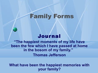 Family Forms


              Jour nal
 “The happiest moments of my life have
been the few which I have passed at home
       in the bosom of my family.”
             Thomas Jefferson

What have been the happiest memories with
              your family?
 