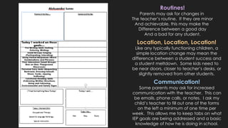 Routines! 
Parents may ask for changes in 
The teacher’s routine. If they are minor 
And achievable, this may make the 
Difference between a good day 
And a bad for any student. 
Location, Location, Location! 
Like any typically functioning children, a 
simple location change may mean the 
difference between a student success and 
a student meltdown. Some kids need to 
be near doors, closer to teacher’s desks, or 
slightly removed from other students. 
Communication! 
Some parents may ask for increased 
communication with the teacher. This can 
be emails, phone calls, or notes. I ask my 
child’s teacher to fill out one of the forms 
on the left a minimum of one time per 
week. This allows me to keep tabs on what 
IEP goals are being addressed and a basic 
knowledge of how he is doing in school. 
 