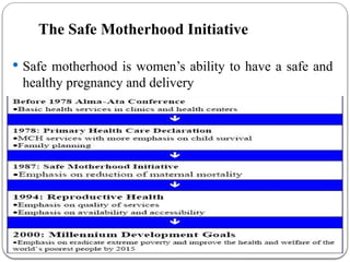 The Safe Motherhood Initiative
 Safe motherhood is women’s ability to have a safe and
healthy pregnancy and delivery
 