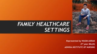 FAMILY HEALTHCARE
SETTINGS
Represented by WASIM AKRAM
2nd year BSc(N)
ADWIKA INSTITUTE OF NURSING
 