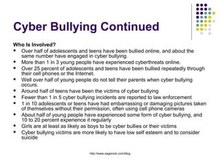 Child Predators Facts
Internet sexual predators tend to fall between
the ages of 18 and 55, although some are
older or younger.
Their targets tend to be between the ages of
11 and 15
Join Our Group:
http://bit.ly/websafetygroup

 