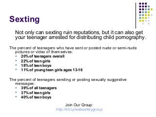 Sexting
Not only can sexting ruin reputations, but it can also get
your teenager arrested for distributing child pornography.
The percent of teenagers who have sent or posted nude or semi-nude
pictures or video of themselves:





20% of teenagers overall
22% of teen girls
18% of teen boys
11% of young teen girls ages 13-16

The percent of teenagers sending or posting sexually suggestive
messages:




39% of all teenagers
37% of teen girls
40% of teen boys

Join Our Group:
http://bit.ly/websafetygroup

 