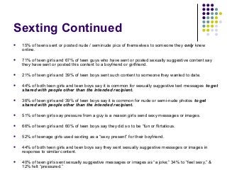 Sexting Continued


15% of teens sent or posted nude / seminude pics of themselves to someone they only knew
online.



71% of teen girls and 67% of teen guys who have sent or posted sexually suggestive content say
they have sent or posted this content to a boyfriend or girlfriend.



21% of teen girls and 39% of teen boys sent such content to someone they wanted to date.



44% of both teen girls and teen boys say it is common for sexually suggestive text messages to get
shared with people other than the intended recipient.



36% of teen girls and 39% of teen boys say it is common for nude or semi-nude photos to get
shared with people other than the intended recipient.



51% of teen girls say pressure from a guy is a reason girls send sexy messages or images.



66% of teen girls and 60% of teen boys say they did so to be “fun or flirtatious.



52% of teenage girls used sexting as a “sexy present” for their boyfriend.



44% of both teen girls and teen boys say they sent sexually suggestive messages or images in
response to similar content.



40% of teen girls sent sexually suggestive messages or images as “a joke;” 34% to “feel sexy,” &
12% felt “pressured.”

 