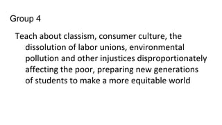 Group 4
Teach about classism, consumer culture, the
dissolution of labor unions, environmental
pollution and other injustices disproportionately
affecting the poor, preparing new generations
of students to make a more equitable world
 