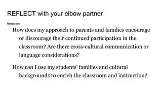 REFLECT with your elbow partner
Reflect On:
How does my approach to parents and families encourage
or discourage their continued participation in the
classroom? Are there cross-cultural communication or
language considerations?
How can I use my students' families and cultural
backgrounds to enrich the classroom and instruction?
 