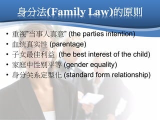 身分法(Family Law)的原则
• 重视”当事人真意” (the parties intention)
• 血统真实性 (parentage)
• 子女最佳利益 (the best interest of the child)
• 家庭中性别平等 (gender equality)
• 身分关系定型化 (standard form relationship)
 