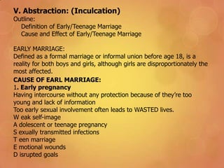 V. Abstraction: (Inculcation)
Outline:
Definition of Early/Teenage Marriage
Cause and Effect of Early/Teenage Marriage
EARLY MARRIAGE:
Defined as a formal marriage or informal union before age 18, is a
reality for both boys and girls, although girls are disproportionately the
most affected.
CAUSE OF EARL MARRIAGE:
1. Early pregnancy
Having intercourse without any protection because of they’re too
young and lack of information
Too early sexual involvement often leads to WASTED lives.
W eak self-image
A dolescent or teenage pregnancy
S exually transmitted infections
T een marriage
E motional wounds
D isrupted goals
 