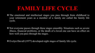 FAMILY LIFE CYCLE
The emotional and intellectual stages you pass through from childhood to
your retirement years as a member of a family are called the family life
cycle.
Not everyone passes through these stages smoothly. Situations such as severe
illness, financial problems, or the death of a loved one can have an effect on
how well you pass through the stages.
Evelyn Duvall (1977) developed eight stages of family life cycle.
 