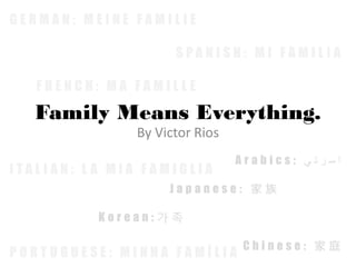 GERMAN: MEINE FAMILIE

                     SPANISH: MI FAMILIA

   FRENCH: MA FAMILLE

   Family Means Everything.
               By Victor Rios
                                Arabics: ‫اسرتي‬
ITALIAN: L A MIA FAMIGLIA
                    Japanese: 家族

          Korean:가족

                                 Chinese: 家庭
PORTUGUESE: MINHA FAMÍLIA
 