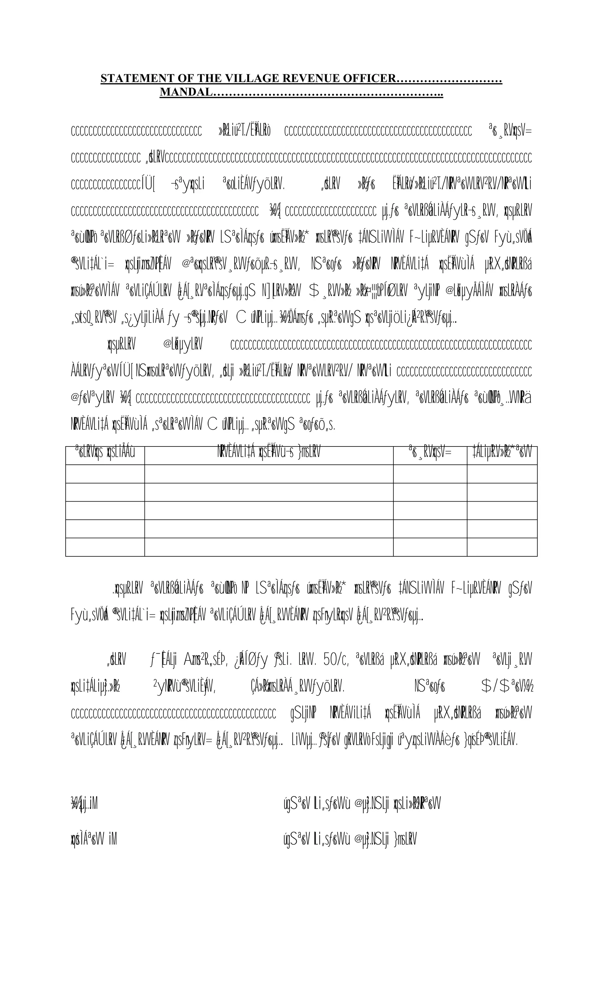 STATEMENT OF THE VILLAGE REVENUE OFFICER………………………
MANDAL…………………………………………………..
cccccccccccccccccccccccccccccc »R½Liú²T…/Ë³ÏÁLRiò ccccccccccccccccccccccccccccccccccccccccccc ª«s¸R…VxqsV=
cccccccccccccccc „dsLRiVcccccccccccccccccccccccccccccccccccccccccccccccccccccccccccccccccccccccccccccccccccc
ccccccccccccccccÍÜ[ ¬sªyxqsLi ª«soLiÈÁVƒyõLRiV. „dsLRiV »R½ƒ«s Ë³ÏÁLRiò/»R½Liú²T…/NRPVª«sWLRiV²R…V/NRPª«sWlLi
ccccccccccccccccccccccccccccccccccccccccccc ¾»½[ ccccccccccccccccccccc µj…ƒ«s ª«sVLRißÓáLiÀÁƒyLRi¬s¸R…VV, xqsµR…LRiV
ª«sùQQNTPò ª«sVLRißØƒ«sLi»R½LRiª«sVV »R½ƒ«sNRPV LSª«sÌÁzqsƒ«s úxmsË³ÏÁV»R½* xmsLRi®ªsVƒ«s ‡ÁNSLiVVÌÁV F~LiµR…VÈÁNRPV gSƒ«sV Fyù„sVÖdÁ
®ªsVLi‡ÁL`i= xqsLíjizmnsZNP[ÈÁV @ª«sxqsLRi®ªsV¸R…VVƒ«sõµR…¬s¸R…VV, NSª«soƒ«s »R½ƒ«sNRPV NRPVÈÁVLi‡Á xqsË³ÏÁVùÌÁ µ³R…X„dsNRPLRißá
xmsú»R½ª«sVVÌÁV ª«sVLiÇÁÚLRiV Â¿Á[¸R…Vª«sÌÁzqsƒ«sµj…gS N][LRiV»R½W $¸R…VV»R½ »R½x¤¦¦¦bPÍôØLRiV ªyLjiNTP @LêkiµyÅÁÌÁV xmsLRiÀÁƒ«s
„sxtsQ¸R…V®ªsV „s¿yLjiLiÀÁ ƒy ¬s®ªs[µj…NRPƒ«sV C úNTPLiµj… ¾»½ÖÁzmsƒ«s „sµ³R…ª«sVVgS xqsª«sVLjiöLi¿RÁ²R…®ªsVƒ«sµj….
xqsµR…LRiV @LêkiµyLRiV ccccccccccccccccccccccccccccccccccccccccccccccccccccccccccccccccccccc
ÀÁLRiVƒyª«sWÍÜ[ NSxmsoLRiª«sVVƒyõLRiV, „dsLji »R½Liú²T…/Ë³ÏÁLRiò/ NRPVª«sWLRiV²R…V/ NRPVª«sWlLi ccccccccccccccccccccccccccccccc
@ƒ«sVªyLRiV ¾»½[ cccccccccccccccccccccccccccccccccccccccc µj…ƒ«s ª«sVLRißÓáLiÀÁƒyLRiV, ª«sVLRißÓáLiÀÁƒ«s ª«sùQQNTPò¹¸…VVNRPä
NRPVÈÁVLi‡Á xqsË³ÏÁVùÌÁ „sª«sLRiª«sVVÌÁV C úNTPLiµj… „sµ³R…ª«sVVgS ª«soƒ«sõ„s.
ª«sLRiVxqs xqsLiÅÁù NRPVÈÁVLi‡Á xqsË³ÏÁVù¬s }msLRiV ª«s¸R…VxqsV= ‡ÁLiµ³R…V»R½*ª«sVV
.xqsµR…LRiV ª«sVLRißÓáLiÀÁƒ«s ª«sùQQNTPò NTP LSª«sÌÁzqsƒ«s úxmsË³ÏÁV»R½* xmsLRi®ªsVƒ«s ‡ÁNSLiVVÌÁV F~LiµR…VÈÁNRPV gSƒ«sV
Fyù„sVÖdÁ ®ªsVLi‡ÁL`i= xqsLíjizmnsZNP[ÈÁV ª«sVLiÇÁÚLRiV Â¿Á[¸R…VVÈÁNRPV zqsFnyLRixqsV Â¿Á[¸R…V²R…®ªsVƒ«sµj….
„dsLRiV ƒ¯[ÈÁLji Azmns²R…„sÉÞ, ¿RÁÍØƒy ®ƒsLi. LRiW. 50/c, ª«sVLRißá µ³R…X„dsNRPLRißá xmsú»R½ª«sVV ª«sVLji¸R…VV
xqsLi‡ÁLiµ³j…»R½ ²yNRPVù®ªsVLiÈýÁV, ÇÁ»R½xmsLRiÀÁ¸R…VVƒyõLRiV. NSª«soƒ«s $/$ª«sV¼½
ccccccccccccccccccccccccccccccccccccccccccccccc gSLjiNTP NRPVÈÁViLi‡Á xqsË³ÏÁVùÌÁ µ³R…X„dsNRPLRißá xmsú»R½ª«sVV
ª«sVLiÇÁÚLRiV Â¿Á[¸R…VVÈÁNRPV zqsFnyLRiV= Â¿Á[¸R…V²R…®ªsVƒ«sµj…. LiVVµj… ®ƒs[ƒ«sV gRiVLRiVò FsLjigji úªyzqsLiVVÀÁèƒ«s }qísÉÞ®ªsVLiÈÁV.
¾»½[µj…iM úgSª«sV lLi„sƒ«sWù @µ³j…NSLji xqsLi»R½NRPª«sVV
xqósÌÁª«sVV iM úgSª«sV lLi„sƒ«sWù @µ³j…NSLji }msLRiV
 