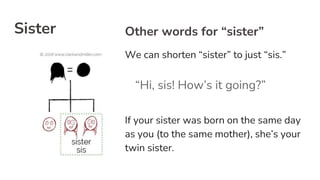Sister Other words for “sister”
We can shorten “sister” to just “sis.”
“Hi, sis! How’s it going?”
If your sister was born on the same day
as you (to the same mother), she’s your
twin sister.
 