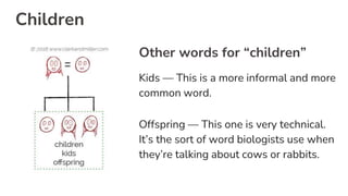Children
Other words for “children”
Kids — This is a more informal and more
common word.
Offspring — This one is very technical.
It’s the sort of word biologists use when
they’re talking about cows or rabbits.
 