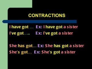 CONTRACTIONS   I   have got  …  Ex:   I   have got   a sister   I ’ve   got …..  Ex:   I ’ve got  a sister   She   has got…  Ex:   She   has got   a sister   She ’s got…  Ex:   She ’s got  a sister   
