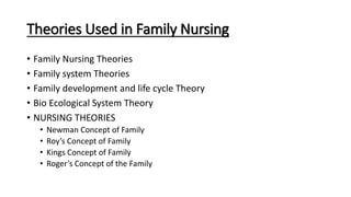 Theories Used in Family Nursing
• Family Nursing Theories
• Family system Theories
• Family development and life cycle Theory
• Bio Ecological System Theory
• NURSING THEORIES
• Newman Concept of Family
• Roy’s Concept of Family
• Kings Concept of Family
• Roger’s Concept of the Family
 