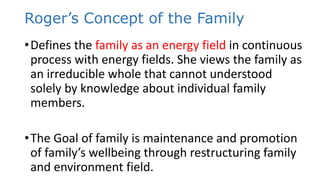 Roger’s Concept of the Family
•Defines the family as an energy field in continuous
process with energy fields. She views the family as
an irreducible whole that cannot understood
solely by knowledge about individual family
members.
•The Goal of family is maintenance and promotion
of family’s wellbeing through restructuring family
and environment field.
 