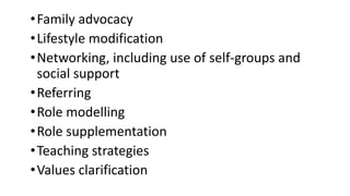 •Family advocacy
•Lifestyle modification
•Networking, including use of self-groups and
social support
•Referring
•Role modelling
•Role supplementation
•Teaching strategies
•Values clarification
 