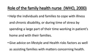 Role of the family health nurse (WHO, 2000)
• Help the individuals and families to cope with illness
and chronic disability, or during time of stress by
spending a large part of their time working in patient’s
home and with their families.
• Give advice on lifestyle and Health risks factors as well
as assisting families with matters concerning health.
 