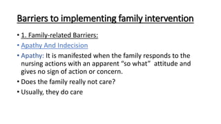 Barriers to implementing family intervention
• 1. Family-related Barriers:
• Apathy And Indecision
• Apathy: It is manifested when the family responds to the
nursing actions with an apparent “so what” attitude and
gives no sign of action or concern.
• Does the family really not care?
• Usually, they do care
 