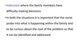 •Indecision where the family members have
difficulty making decisions.
•In both the situations it is important that the nurse
probe into what is happening within the family and
to be curious about the root of the problem so that
it can be identified and addressed.
 